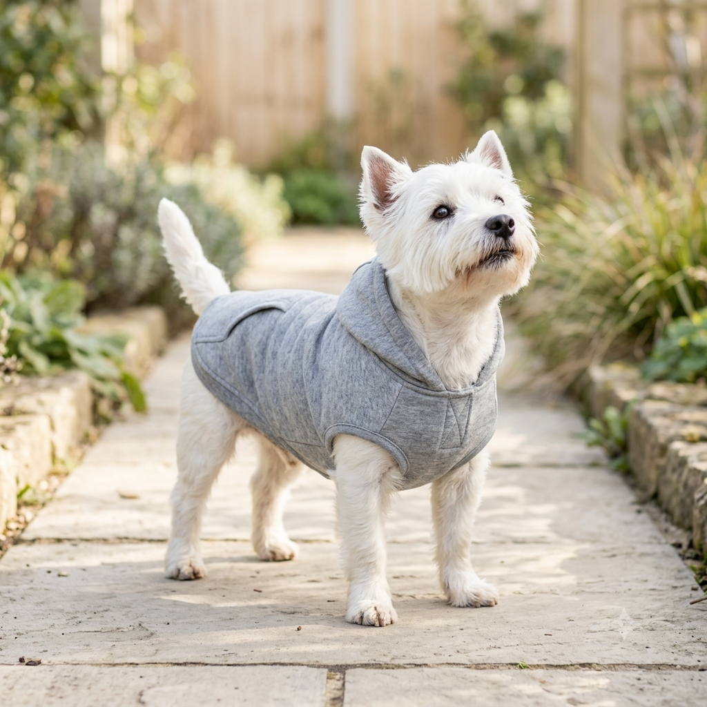 Small terrier wearing a soft grey hooded dog coat outdoors