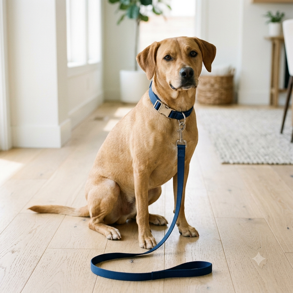 Tan dog sitting indoors wearing a navy nylon collar with a matching leash