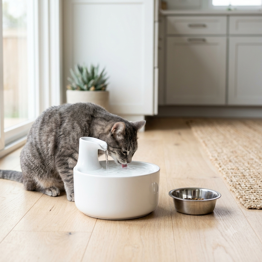Cat drinking from a circulating pet water fountain in a bright kitchen