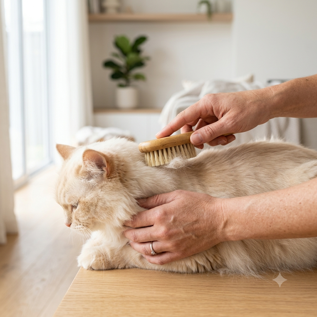 Hands brushing a long-haired cat with a soft pet grooming brush