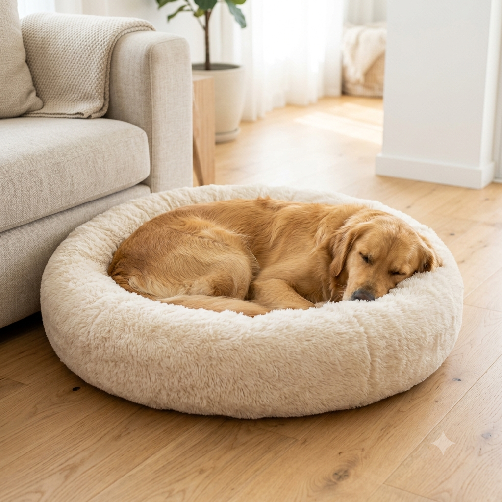 Dog asleep in a cream fluffy donut bed with a raised rim