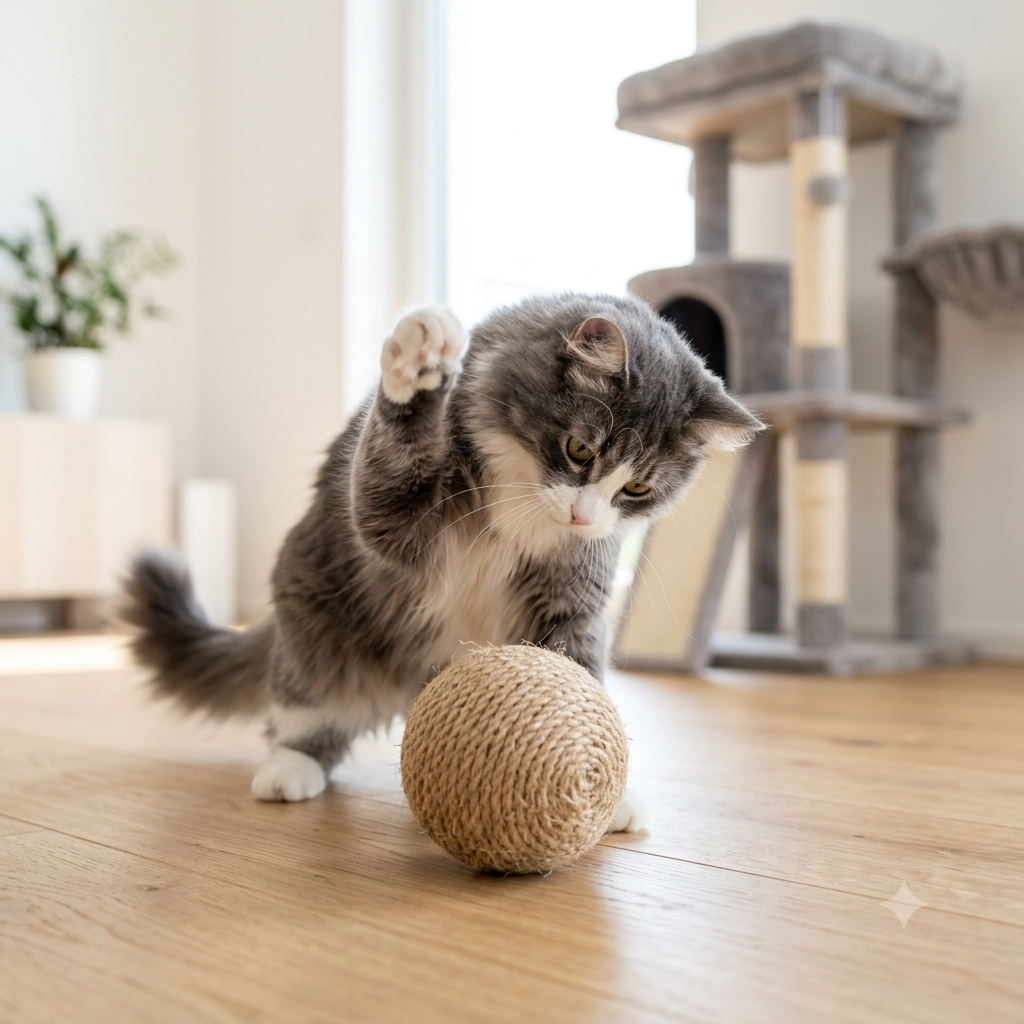 Cat playing with a sisal rope scratching ball beside a cat tower
