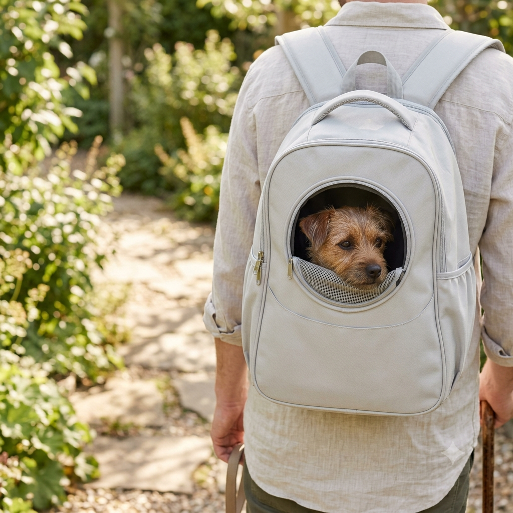 Small dog looking out from a mesh pet travel backpack outdoors