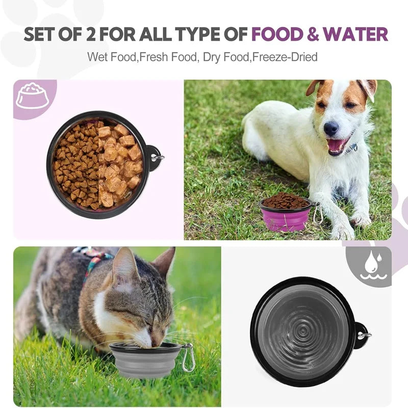 Folding Portable Silicone Dog Feeder Bowl 2 in 1 Pet Dispenser Outdoor Travel Dog Cat with Carabiner Bottle Food Water Container