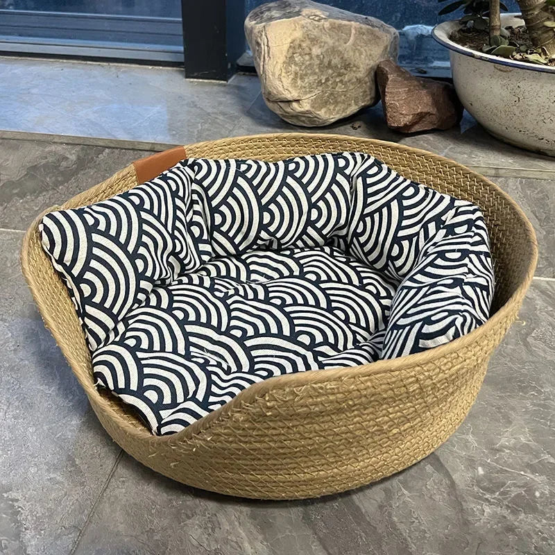 Luxury Bamboo Weave Pet Bed with Removable Waterproof Cushion - Cozy Four-Season Dog and Cat Sleeping Nest