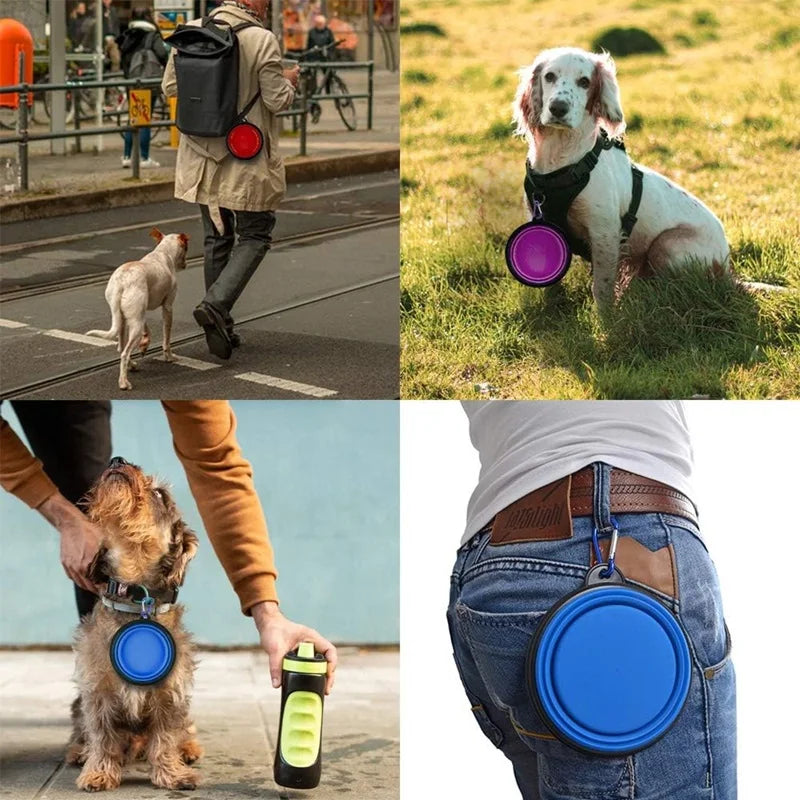 Folding Portable Silicone Dog Feeder Bowl 2 in 1 Pet Dispenser Outdoor Travel Dog Cat with Carabiner Bottle Food Water Container