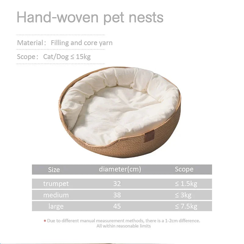 Luxury Bamboo Weave Pet Bed with Removable Waterproof Cushion - Cozy Four-Season Dog and Cat Sleeping Nest