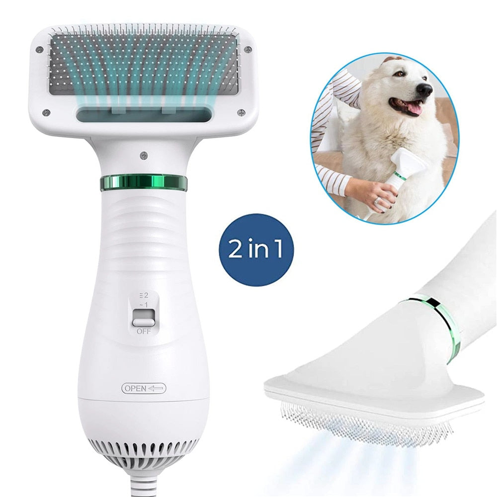 Portable 2-in-1 dog hair dryer and grooming comb