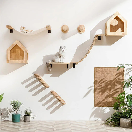 Cat Wall Climbing Shelf Steps Ladder Scratching Post Scratcher Bed Hiding House for Cats Tree Tower Pet Furniture Accessories