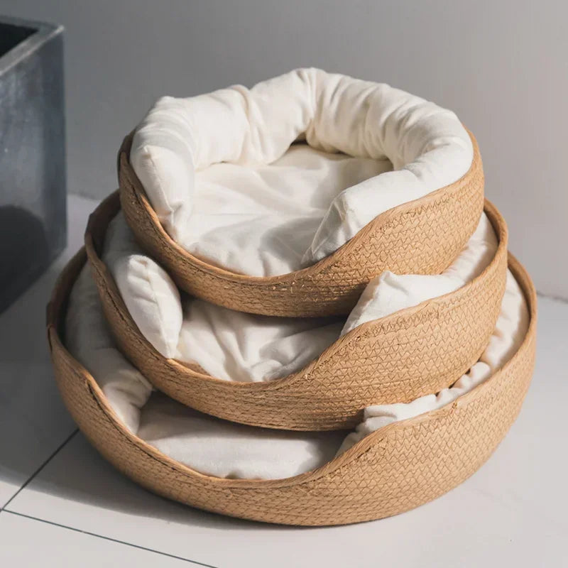 Luxury Bamboo Weave Pet Bed with Removable Waterproof Cushion - Cozy Four-Season Dog and Cat Sleeping Nest