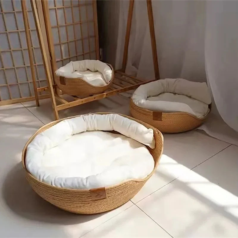 Luxury Bamboo Weave Pet Bed with Removable Waterproof Cushion - Cozy Four-Season Dog and Cat Sleeping Nest
