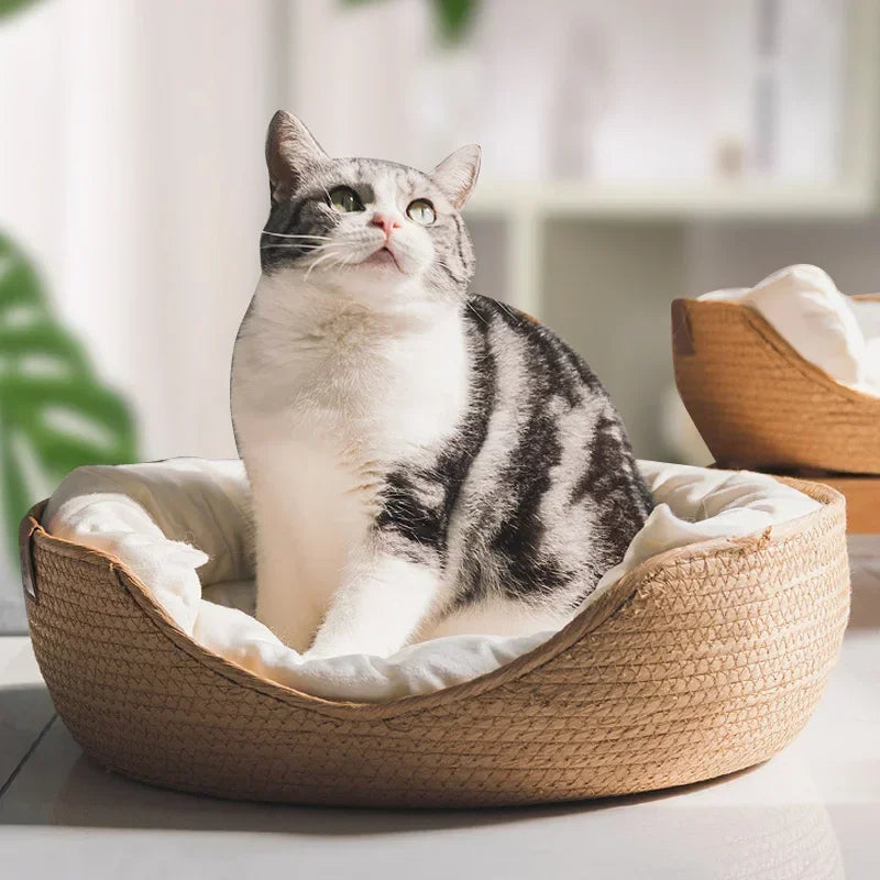 Luxury Bamboo Weave Pet Bed with Removable Waterproof Cushion - Cozy Four-Season Dog and Cat Sleeping Nest