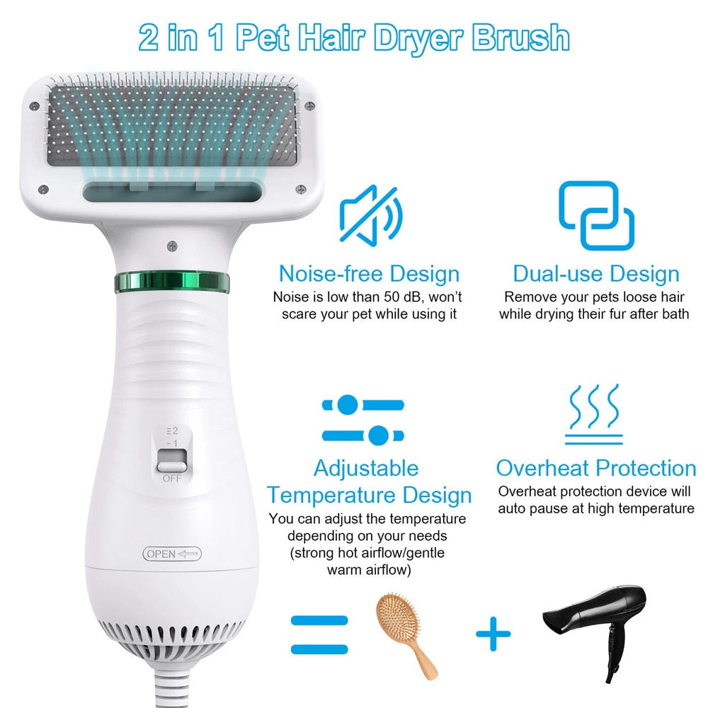 Portable 2-in-1 dog hair dryer and grooming comb