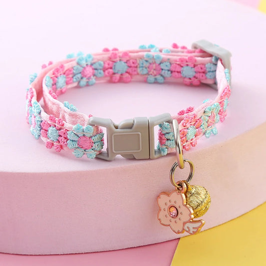 Adjustable nylon cat and small dog collar with bell pendant